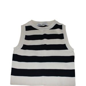 Zara Dark Navy and Cream Striped Sleeveless Knit Top Size Medium